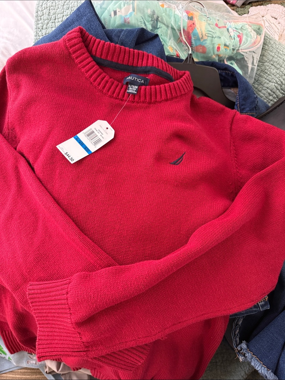 Nautica Men's Bright Red Crewneck Sweater with Embroidered Logo
